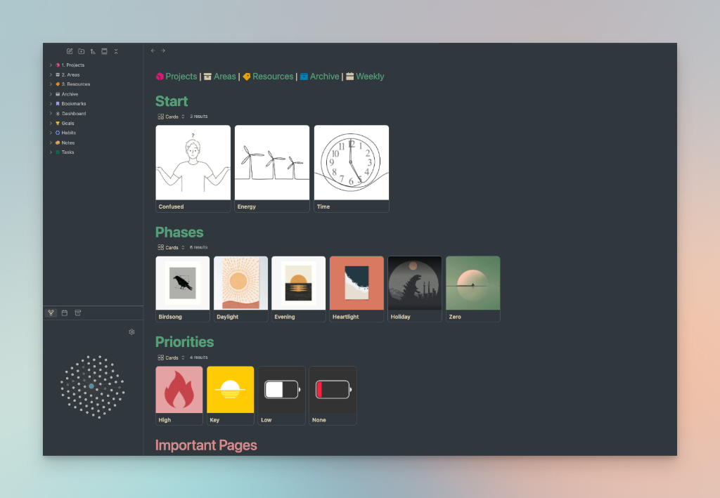 Obsidian Life Management Dashboard with PARA system, phases, and priorities